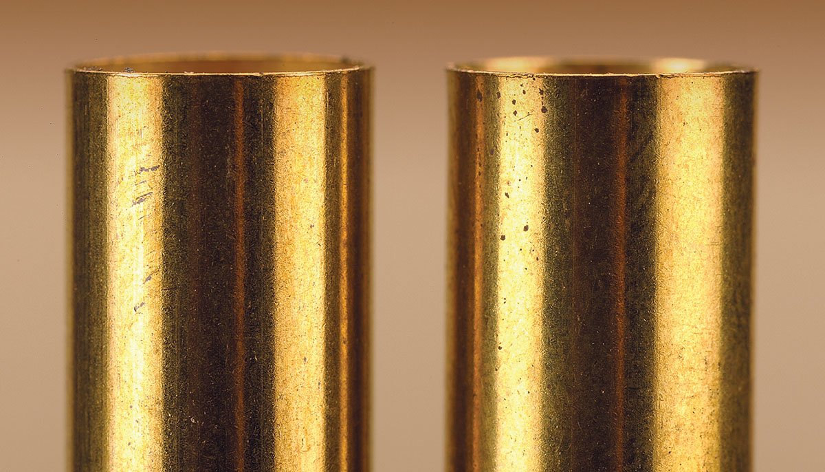 On the left is a sized case; on the right, you can see the minute amount of expansion you need for the bullet to enter the case smoothly. Too much of a bell will only work the brass leading to mouth splits.